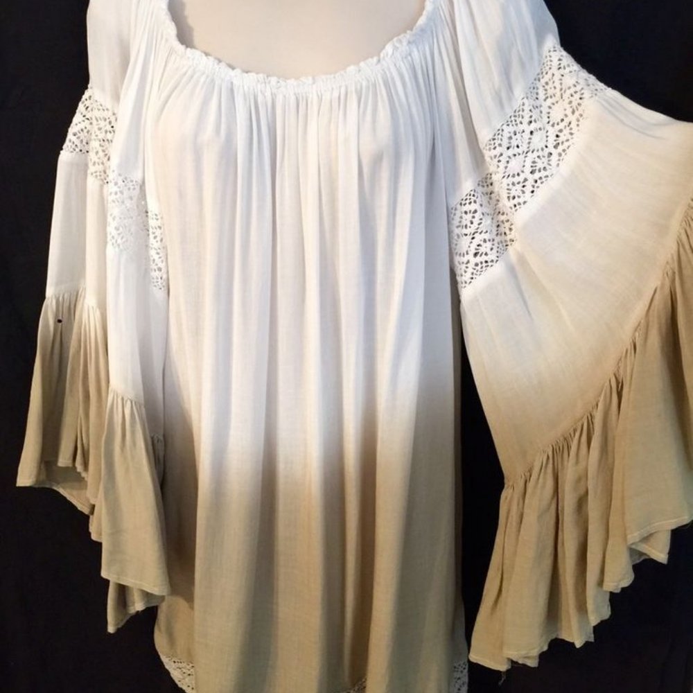Surf Gypsy  Ombre Tan and White Blouse with Lace